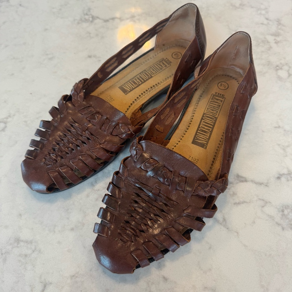 Brown Leather Woven Flats